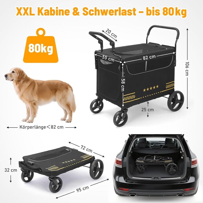 Транспортна візок для собак, важкий, з розкладною рампою, до 80 кг, чорний