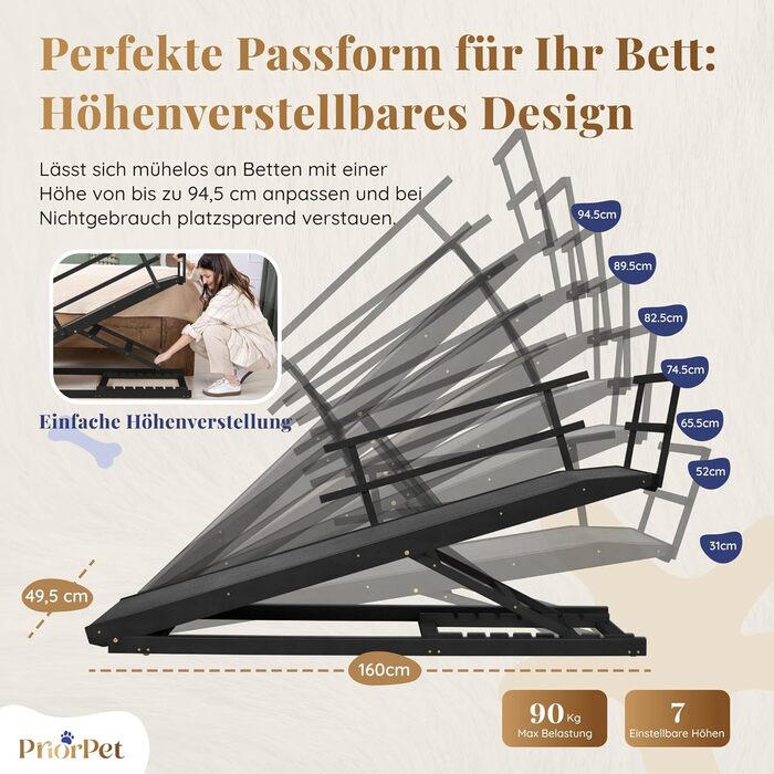 Східці для собак до ліжка з захисним бар'єром - для великих собак до 90 кг - регульована висота до 94.5 см - ширина 49.5 см - складані - антиковзні ручки - береза - натуральний колір (чорний)