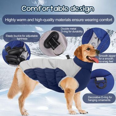 Зимовий теплий одяг для великих собак, XL - теплий зимовий одяг для собак, великих порід, світловідбиваючий, з коміром-гетром, для снігу, червоний (темно-синій, 2XL)