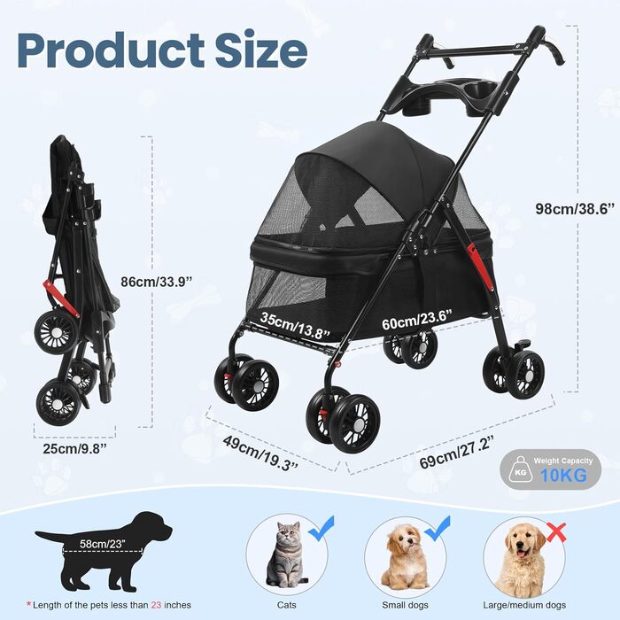 Складана візок для тварин до 10 кг з амортизаторами 360° та сонцезахистом - Легкий бугі для котів/маленьких собак (чорний)