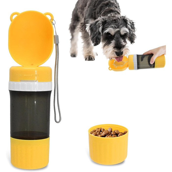 PawSailor 2-в-1 Поїлка та Контейнер для Корму для Тварин - 4 л води + 500 г корму, Непроливається, Портативна, для собак, прогулянки, походи, кемпінг (жовтий, 397 мл)