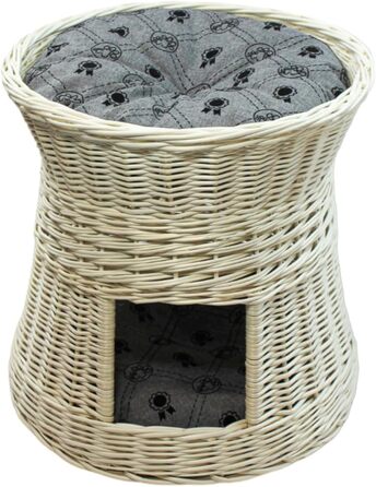 Кігтеточка-ліжко для котів: кругла хатинка з лози, 2 поверхи, білий колір, сірий лежак