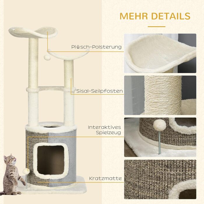 Котячий будиночок PawHut 110 см з когтеточкою, платформою та іграшкою, котячі меблі, кремовий