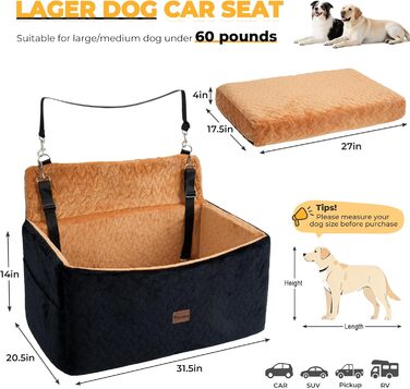 Автокрісло для собак великих та середніх порід до 27,2 кг – З піднятою передньою частиною (35,6 см), подушка з Memory Foam, знімний чохол (чорний/коричневий)