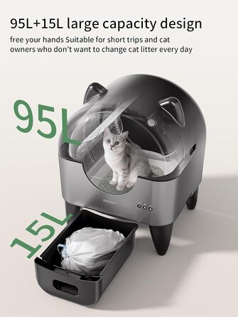 Автоматичний лоток для котів, 110 л, для кількох тварин, з мішками для сміття, герметичний, дезодорує, з додатком
