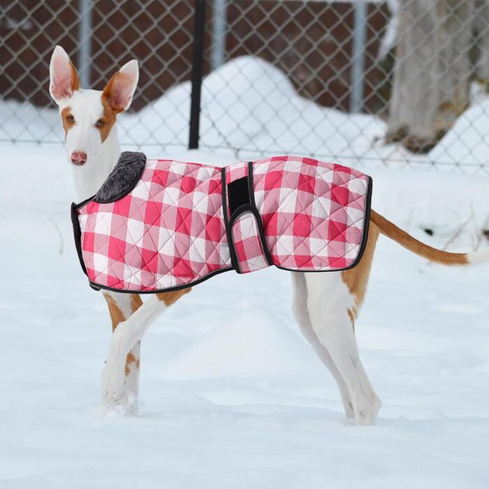 Водонепроникний собачий дощовик Geyecete для венгерських доберманів, віндхаундів та інших, з флісовою підкладкою, регульований, теплий, в клітинку рожевого кольору, розмір S (довжина спини 51-53 см) / L (довжина спини 61-64 см)