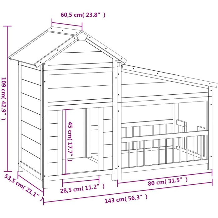 vidaXL Будка для собаки сіра 143x60,5x109 см масив сосни