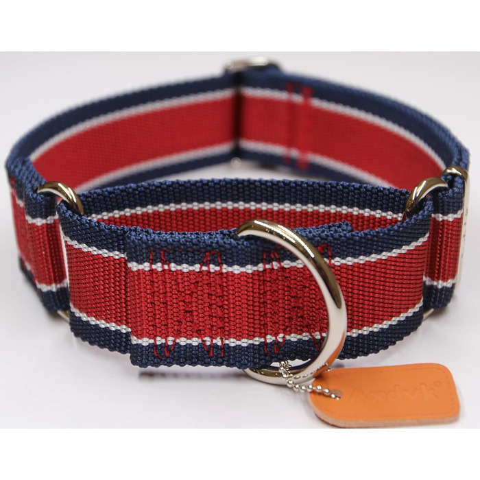 Нашийник для собак Martingale, 4 см, міцний нейлон 1600D, анти-вислизання, з трикольоровими смугами, для собак середніх та великих порід (M), сіро-блакитний & чорний, розмір 43-64 см