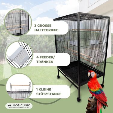 Велика клітка для птахів Mobiclinic Pets із колесами, гальмами та верхнім відкриттям, 8 дверцят, знімний піддон, годівниці та поїлки, сідала, для папуг і німф, 95x43x61,5 см