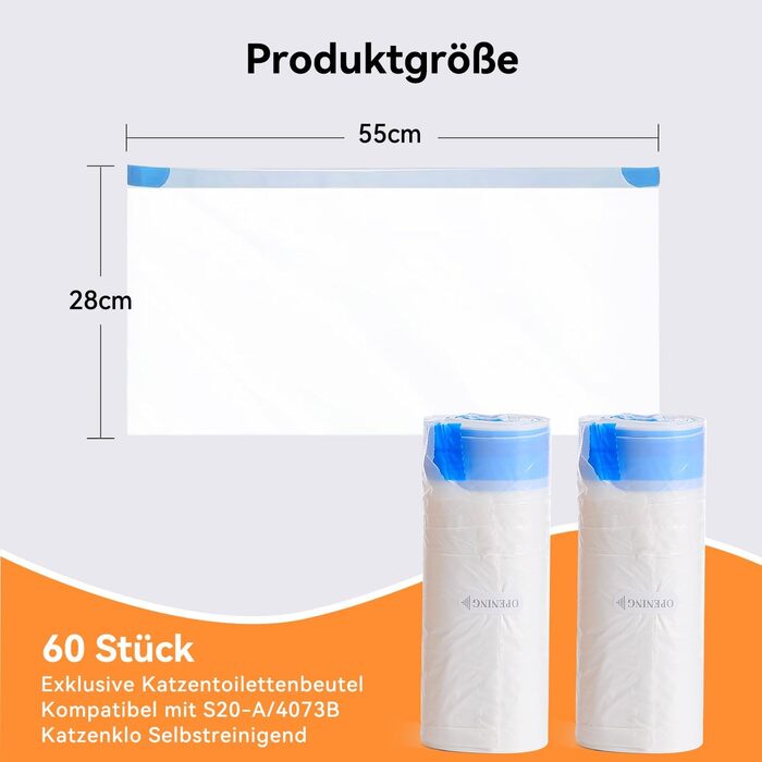 60 мішків для сміття з ручкою для котячого туалету, самоочищувані, міцні, водонепроникні, для котів/собак