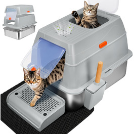 Котловий туалет SZEETECH для котів, великий XXL, нержавіюча сталь з кришкою, з лопаткою, килимком та підставкою, сірий