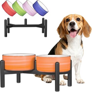 Керамічна годівниця для собак на підставці з нержавіючої сталі - подвійна годівниця для маленьких та середніх собак - неслизький набір мисок для корму та води - 350г / 660мл - 15см - (Помаранчевий)