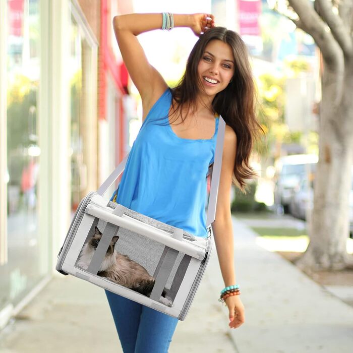 Транспортна переноска для собак та котів PETCUTE, складана, з внутрішнім ременем безпеки, схвалена авіакомпаніями, дихаюча, для подорожей та прогулянок, бежева