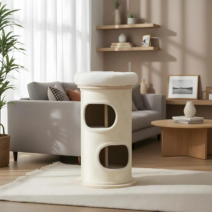 Драбина-будинок для котів PetRhein з сизалю, з печерею та плюшевим краєм, висота 89 см. Стабільна драбина для котів будь-якого розміру, ідеальна для догляду за кігтями та розваг. З зручною лежанкою зверху та компактною основою (діаметр 48 см, висота 89 см