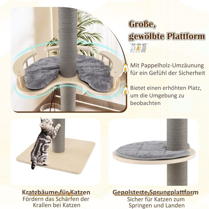 Двоповерховий котячий будиночок COSTWAY з драбиною, 236-271 см, 5-ярусний, з гамаком та платформами, котячий будиночок з плюшем, сірий, з дерева