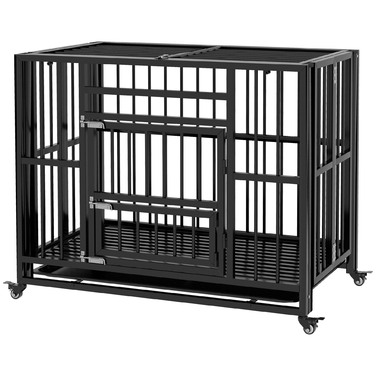Клітка для собаки PawHut для дому, з колесами, 94 x 58 x 78 см, Dog Guard Box, Транспортна клітка з 2 дверима, сталь, Чорний