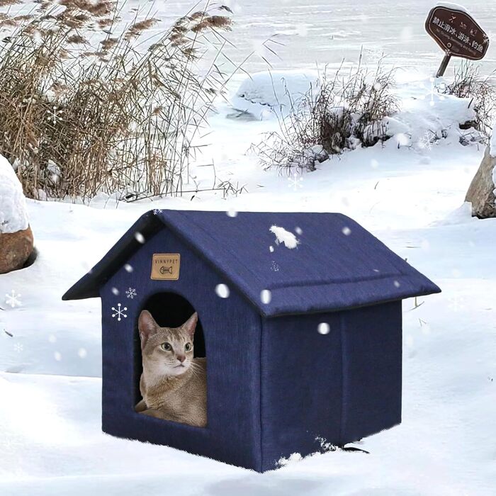 Vinnypet Будиночок для котів і собак, зимовий, водонепроникний, утеплений, 40x35x40 см, темно-синій, з матом, для вулиці, для безпритульних тварин