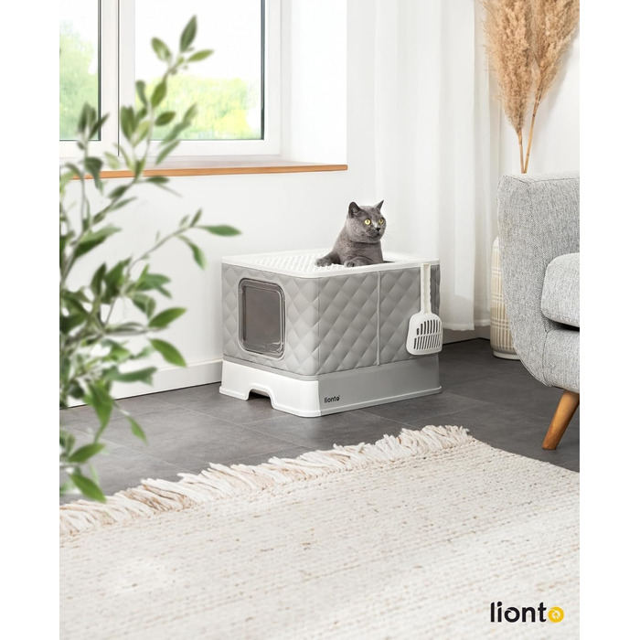 Туалет для котів lionto з висувним ящиком і лопаткою, 50,5x40,8x37 см, котячий туалет з двома виходами, герметичне дно, для котів до 15 кг, складаний, зносостійкий PP, біло-сірий