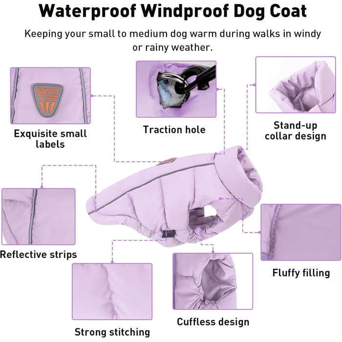 Водонепроникна та вітрозахисна жилетка для собак з D-кільцем, тепла зимова куртка для собак (Lila, S)