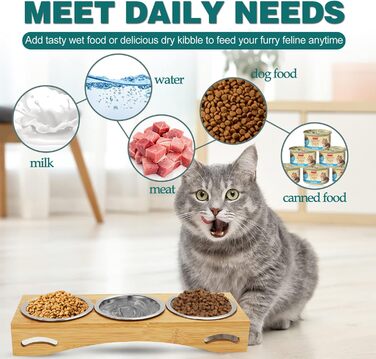 Набір мисок для котів та собак 3 шт. з підставкою з бамбука, підняті миски, нержавіюча сталь