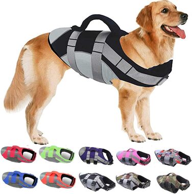 Спасальний жилет для собак PJDDP, чорний, L. Жилет для плавання з надмірною плавучістю та рятувальним руків'ям.