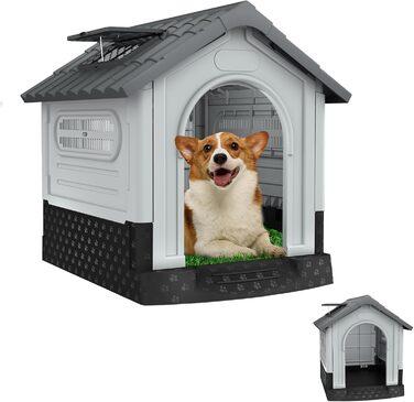 Будка для собак Aufun, сіра, 65x56.5x67 см, пластик, водонепроникна, ізольована, з вентиляцією та піднятим дном