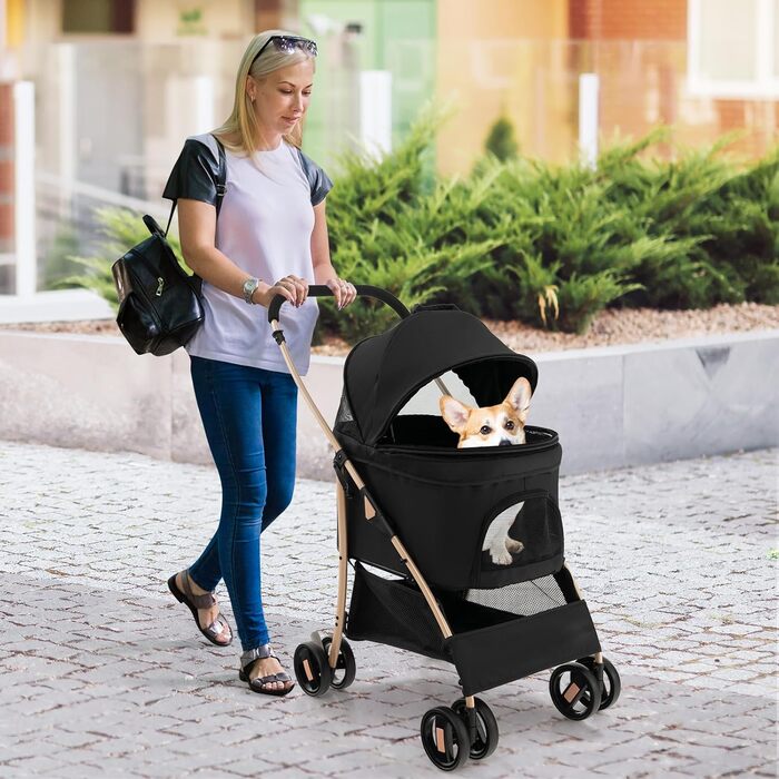Візок для собак GOPLUS 3-в-1, чорний: візок-переноска, регульований дах, сітчастий вхід, корзина для тварин, для собак та котів середніх та малих порід