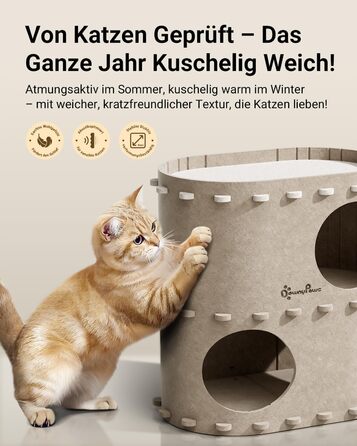 Будиночок-печеринка для котів DownyPaws з фетру, 2-ярусне ліжко для котів, 50 x 33 x 50 см, затишний дизайн, захист кігтів, бежевий