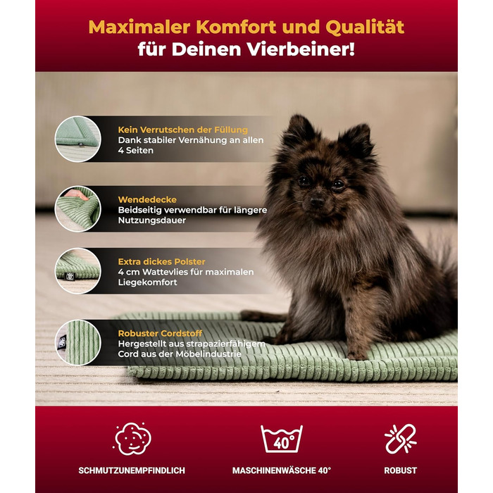 Килимок для собак HS-Hundebett® з флісовою підкладкою, XS (45x65 см) – Практичний, зручний, миючий, двосторонній – М'яка ковдра для собак – Комфортний відпочинок – Зелений, виготовлено в Німеччині, 45x65 см