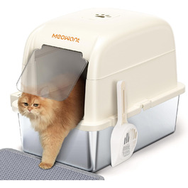 MeoWant котячий туалет із нержавіючої сталі з кришкою, 81 л, велика ємність, знімна тришарова закрита туалетна коробка для котів із високим бортиком, біла