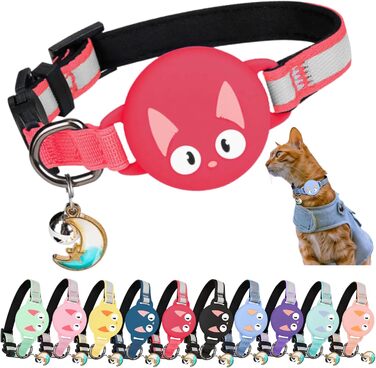 Нашийник для кота KittyTag з аксесуарами, сумісний з Apple Airtag, світловідбиваючий та світловий, GPS, з захистом від задушення, регульований (червоний)