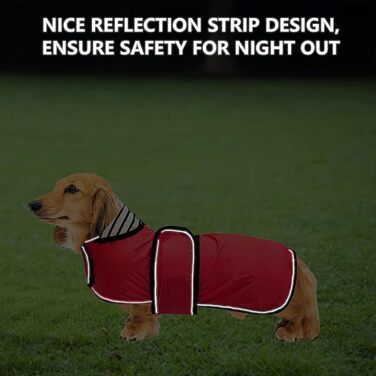 Водонепроникний дощовик для собак Geyecete, регульований, для такс, з світловідбиваючими елементами, червоний, S (довжина спини 36-38 см)
