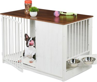 Клітка для собак Relaxdays, для дому, HBT: 65,5x102x60 см, 2 обертові миски, собача будка з виглядом дерева, МДФ & сталь, (білий/коричневий)