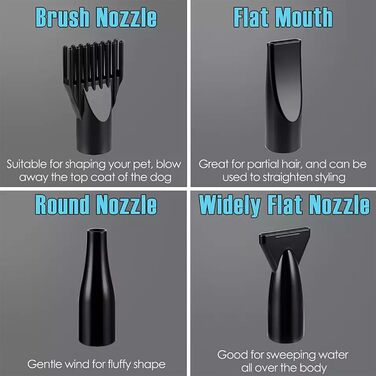 Професійний фен для собак 2800W, регульована швидкість та температура, сушарка для тварин з 4 насадками (чорний)