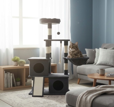 Ігровий комплекс для котів: будинок-драпак з 5 рівнями та стовпчиками, 115 см (F200)
