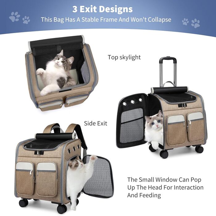 Рюкзак-переноска для кота та собаки PETCUTE з візком 2 в 1 до 11 кг, складаний, з витяжною підстилкою, багатофункціональний, дихаючий, для кошенят та цуценят (Хакі)