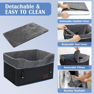 Автокрісло для собак PetsHome - підходить для маленьких собак, знімний, миючий, з кишенькою для зберігання, дихаюча тканина, страховка, регульовані ремені, чорний