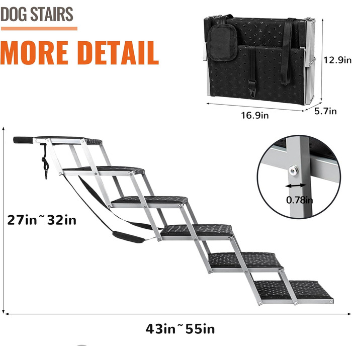 Сходинка для собак у автомобіль - широка, складна, з антиковзким покриттям, для авто, SUV, вантажівок, підтримує до 113 кг (6 сходинок, срібна)
