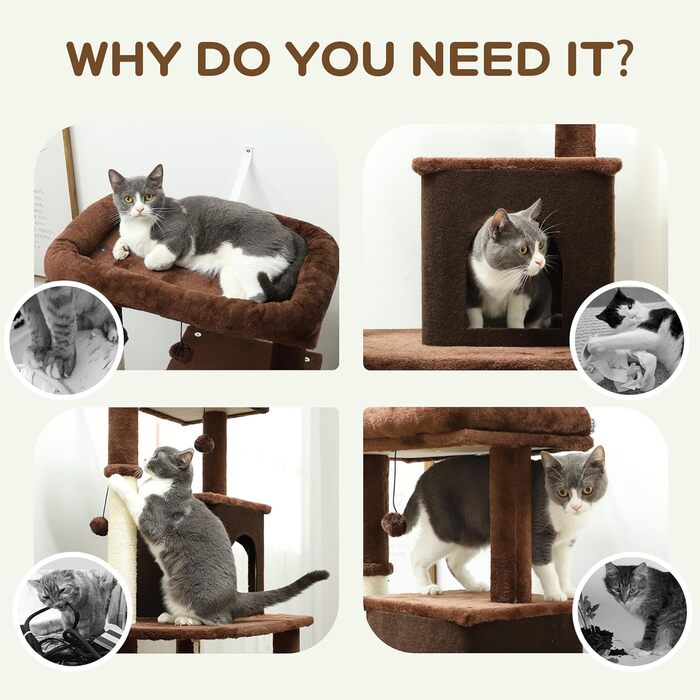 Котячий комплекс PawHut 132 см з когтеточкою, платформами, кулями та килимком, коричневий (55x44x132 см)