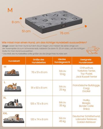 Ліжко для собак Feandrea, м'яке, знімний матрац, водовідштовхувальне, 76 x 51 x 8 см, розмір M, для маленьких та мініатюрних собак, сірий (PGW241G01 M)
