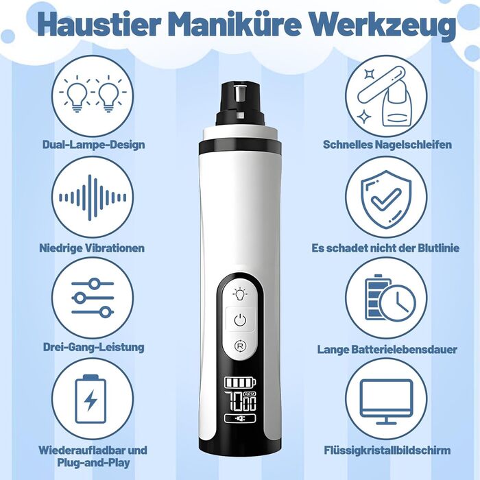 Електричний точилка для кігтів собак з 2 насадками, тример для подушечок лап з LED-підсвічуванням та 3 швидкостями, для великих, середніх та малих собак