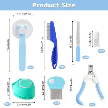 Набір для догляду за собаками та котами (8 шт.): щітка для вичісування, гребінець від випадіння шерсті та бліх, тример для нігтів з пилочкою, інструменти для миття