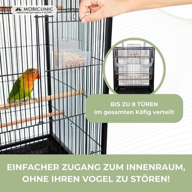 Велика клітка для птахів Mobiclinic Pets із колесами, гальмами та верхнім відкриттям, 8 дверцят, знімний піддон, годівниці та поїлки, сідала, для папуг і німф, 95x43x61,5 см