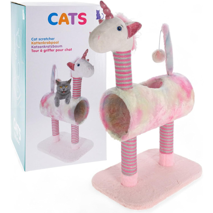 Драбинка для котів Mijoma з дизайном єдинорога, рожевий колір, 3 стовпчики з сизалю, іграшковий хвіст з помпоном, плюшева голова та тунель, 85x40x30 см – ідеально для гри та догляду