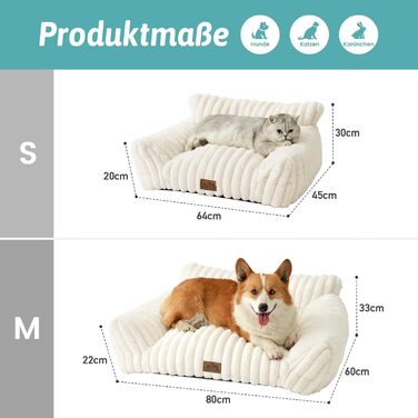 Велике котяче ліжко з велюрової тканини 65x44x30 см для котів та маленьких собак, м'яке котяче ліжко-софа та собаче ліжко, штучне хутро, підтримка голови та шиї, неслизьке та придатне для прання, кремового кольору 65x44x30 см