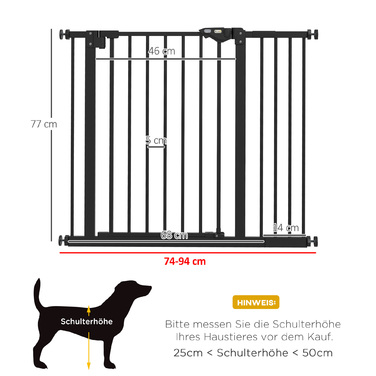 PawHut Door Gate Gate, Шлагбаум, 74-80/87-94 см, Сходові ворота для домашньої тварини, Ворота для собаки в т.ч. різні надставки, Захисні ворота без свердління, Метал, Пластик, Чорний | Аосом
