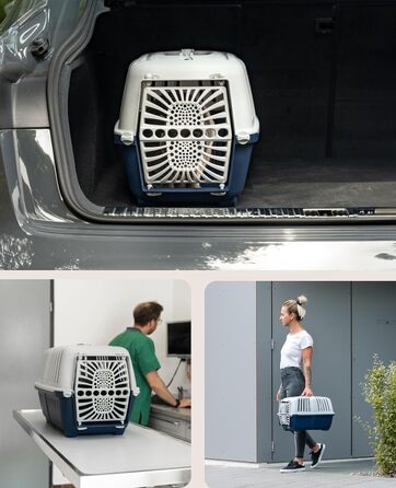 Транспортна переноска для собак Lionto з міцного переробленого пластику, 55x36x36 см, з надійним замком та ручкою для перенесення, підходить для котів та дрібних тварин, для тварин до 15 кг, сірий колір (Темно-синій, Д 48 x Ш 32 x В 33 см)