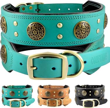 Нашийник для собак середніх порід Comfluxe з екошкіри, 5.1 см, міцний, з металевою застібкою, блакитно-зелений, з дизайном 