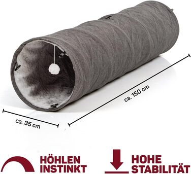 Ігровий тунель для котів CanadianCat XXL, плюшевий, сірий, 35×150 см, з інтегрованою іграшкою