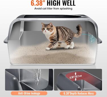 VEVOR XL туалет для котів із нержавіючої сталі, з лопаткою, високим бортиком, широким фільтром, без запаху, 60×40×30 см, темно-сірий